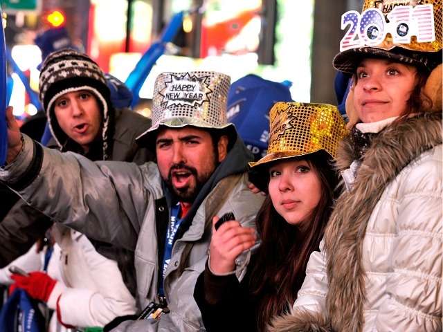 A view of the atmosphere during New Year's Eve 2011 with Carson Daly at Times Square on December 31, 2010 in New York City. 