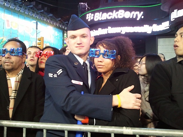 Air Force soldier Jacob Blevins, 20, of Kentucky and his girl friend  Starr Johnson ring in the New Year on Dec. 31, 2011 in Times Square.