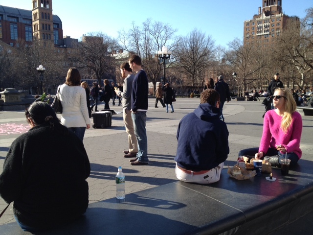 Visitors to Washington Square Park basked in the sun on Sat., Jan. 7, 2012, when the temperature topped out at 59 degrees.