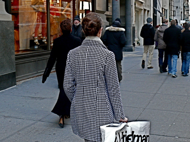 A very fitted, princess seamed, classic houndstooth coat on Fifth Avenue in Chelsea