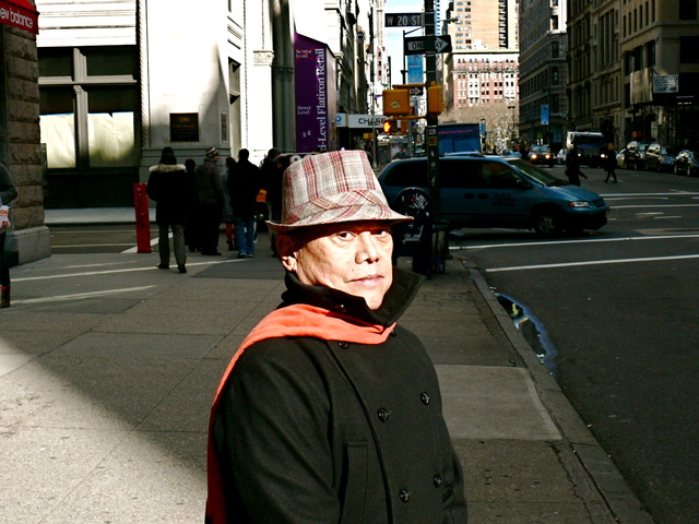 Marshall F.'s wool pork pie hat in red, ivory and taupe on Fifth Avenue.