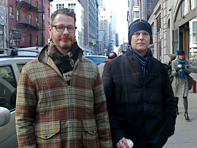 Rugged wool hunter jackets, worn with dashing urban styling by Brice D. and David D. at the 25th Street Antiques Garage.