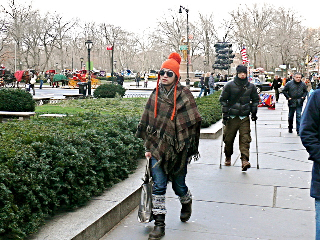 Well wrapped earth tone plaid cape and fair isle knits on Grand Army Plaza.