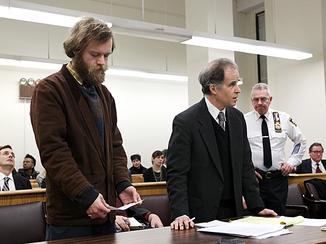 An Occupy Wall Street protester arrested in the NYPD's Nov. 15 raid of Zuccotti Park appears in Manhattan Criminal Court on Jan. 20th, 2012.

