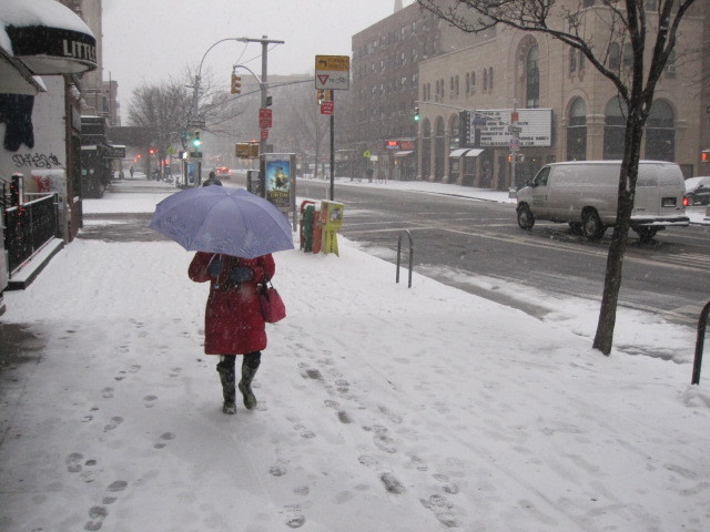 <p>A woman walking along Second Avenue in the East Village uses an umbrella to take cover from the snow on Sat., Jan. 21, 2012.</p>
