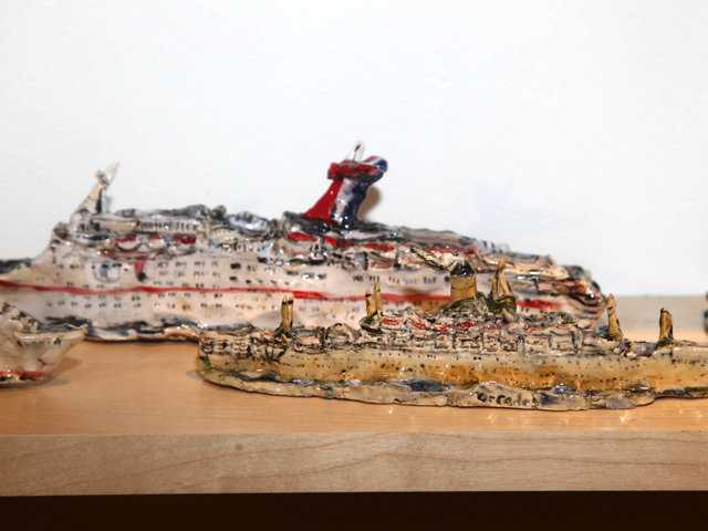 Melted cruise ships — one of the many works on display at the Outsider Art Fair.