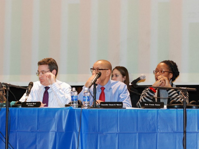 <p>Schools Chancellor Dennis Walcott remained cool and collected throughout the raucous hearing.</p>
