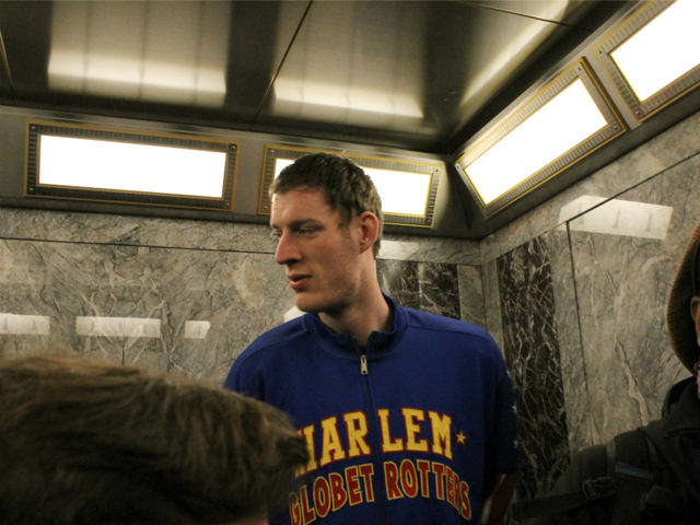 'Tiny' Sturgess in the elevator up to the Empire State Building's 86th Floor.