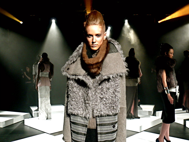 Alexandra in storm gray shearling, with reptilian lace trim and sable collar, at the Brandon Sun show.