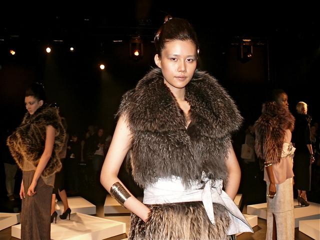  Yeon wearing Ozone dyed raccoon and Tibetan lamb gilet, blizzard cracked obi tie.