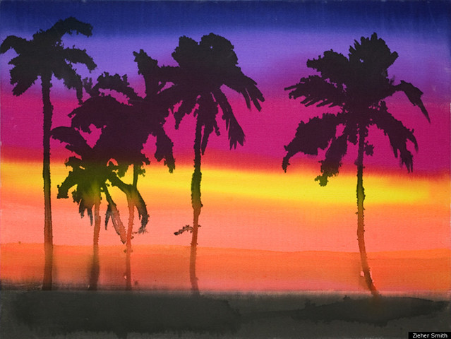 A image of a beach at sunset by Liz Markus, currently on display at the ZieherSmith Gallery.