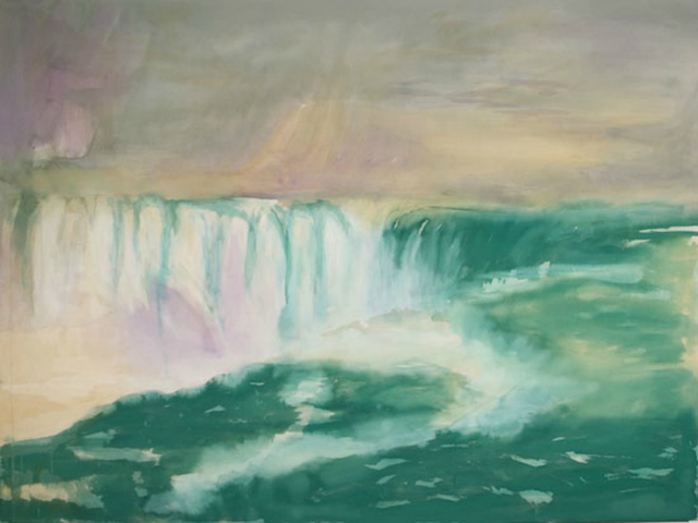 A landscape painting of Niagara Falls by Liz Markus, currently on display at the ZieherSmith Gallery.
