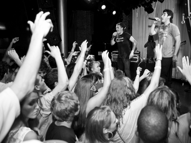 Jesse Finkelstein and  Doug Gleicher, the hip-hop group Upper West, performing live.