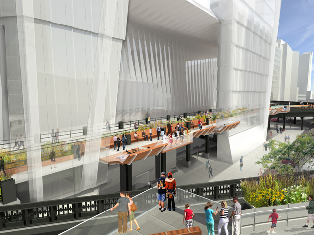 At the northern terminus of the High Line that is currently open to the public, visitors will see the 30th Street Passage to the east, where the rail yards section of the High Line passes through the future Hudson Yards Tower C, leading towards the 10th Avenue Spur. The 70-foot-high passage will feature planting beds and balconies projecting toward West 30th Street and High Line to the south. 