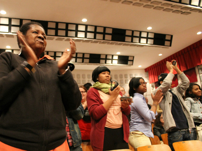 Teachers, parents and students from Schomburg Satellite Academy High School and Bronx Regional High School filled the auditorium at 1010 Reverend James Polite Ave. on Mar. 12, 2012 to protest the DOE's co-location plan.