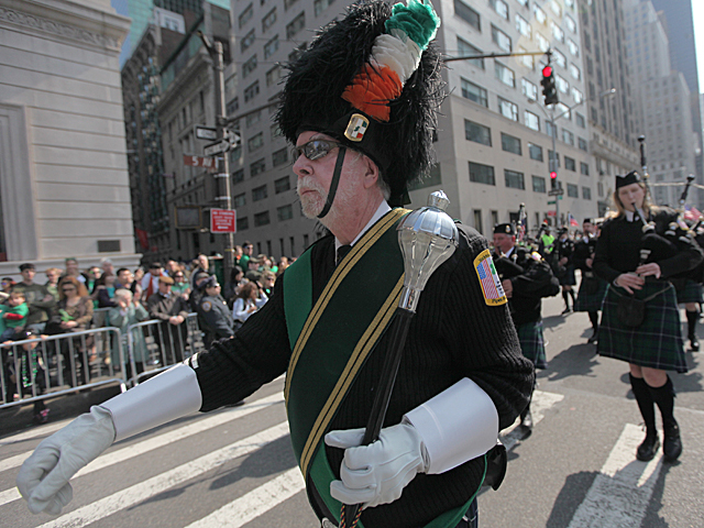 <p>A band leader marches on 5th Ave during this years St. Patrick's Day Parade in New york City on Mar. 17th, 2012.</p>
