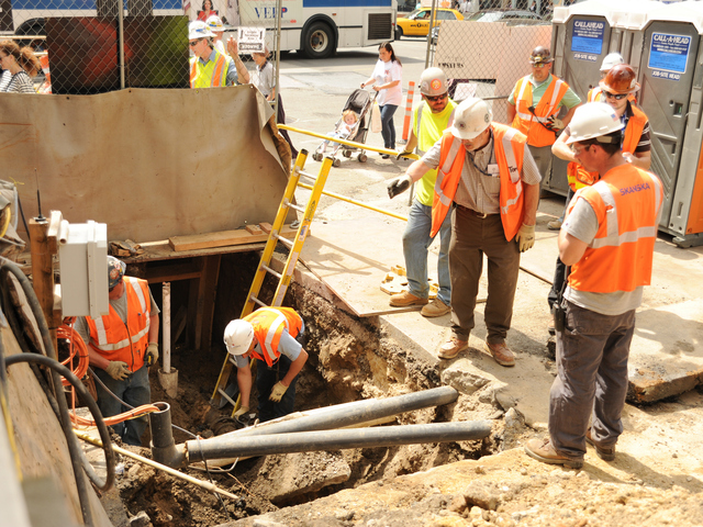 <p>A worker at the Second Avenue subway site was rushed to the hospital on Monday after a slab of concrete fell on his legs, officials said.</p>
