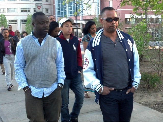 Orlando Rodriguez (right) a neighbor of victims from the April 29 Bronx crash, with other friends and family leaving Jacobi Hospital on Sunday. 