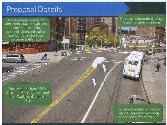 The DOT proposed changing traffic signal timing at the intersection of Fort George Avenue, St. Nicholas Avenue and West 193rd Street in order to slow traffic.