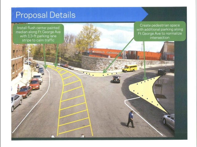 The DOT proposes installing a new mediana and new pedestrian spaces to calm traffic along Fort George Avenue.