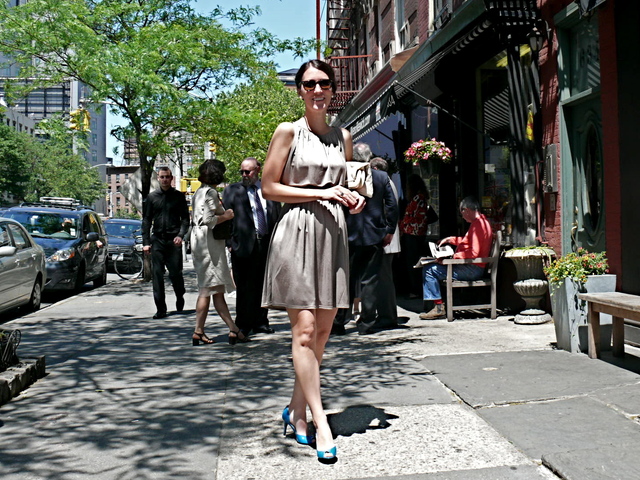 Breezy muted taupe jersey dress with aqua blue shoes on Sarah R. in the West Village.