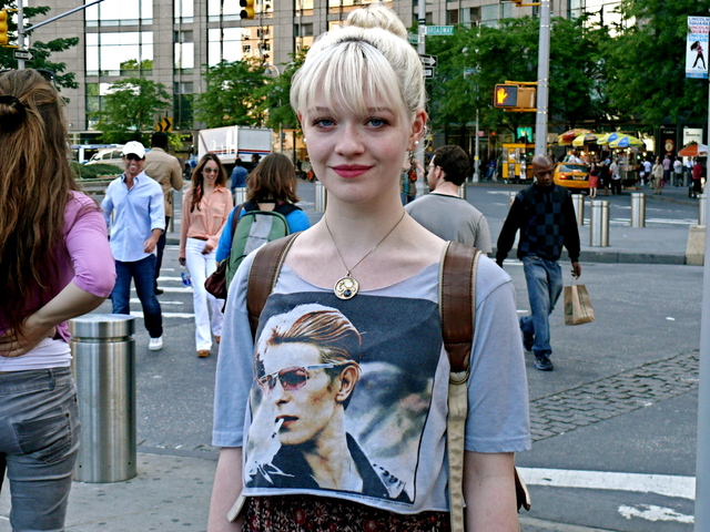 Miranda J. in steely gray T-shirt featuring David Bowie.