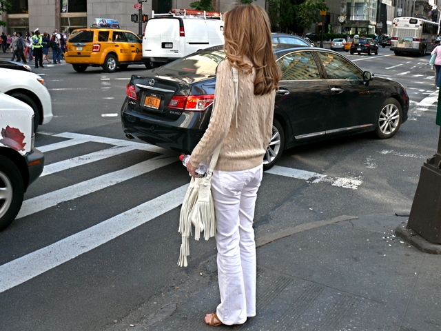 American sportswear staples, fresh white denim with camel cashmere knits, Fifth Avenue in Midtown.