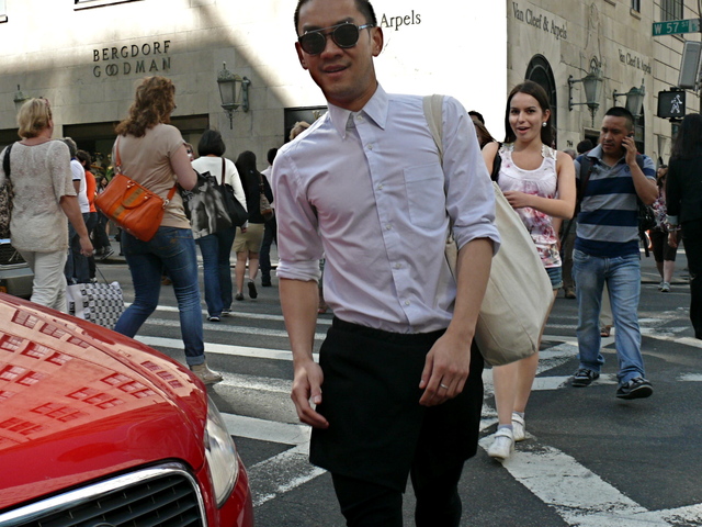 Crisp white shirt, black miniskirt and slim leg pants on 57th Street in Midtown.