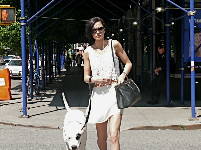 A trim white lace crop top and skater skirt on Seventh Avenue in Chelsea.