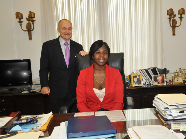 Police Commissioner for a Day essay winner Kanisha Ffriend sits at Commissioner Raymond Kelly's desk, June 6, 2012. 