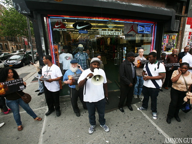 A community response by Save Our Streets Crown Heights after a young boy and a school teacher were shot inside a shoestore on Utica Avenue last month.