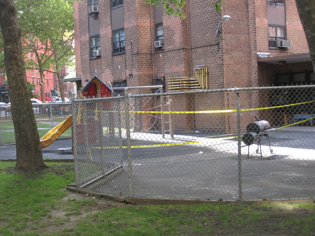 The playground where the unit fell remained cordoned off by yellow caution tape Thursday.