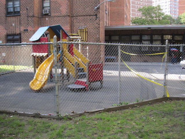 The section of the playground where the unit smashed remains cordoned off by yellow tape.