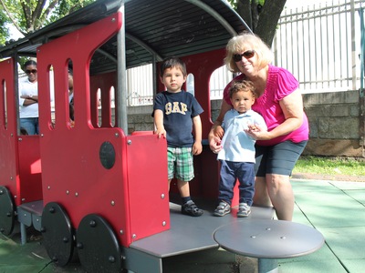 Carol Dudek, who visits Old Hickory Park playground with her two grandsons, Mateo, 3, and Luc, 17 months old, says kids really like a playground train.