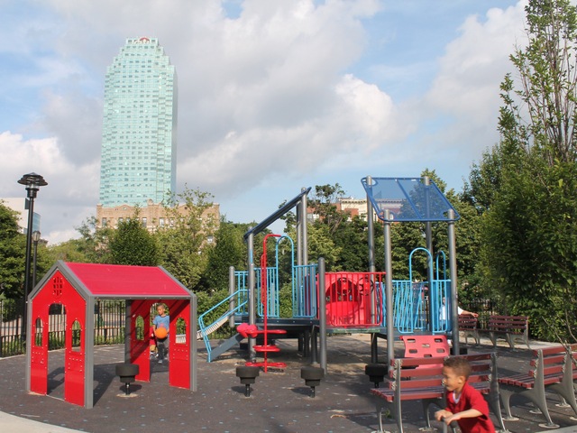 Murray Playground has a giant spiderweb-like climbing structure, many swings, shuffleboard layouts, game tables and see-saws.
