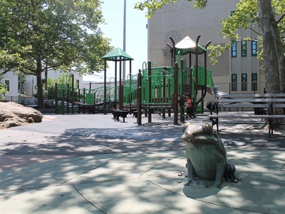 A frog-shaped sprinkler at Spirit Playground.