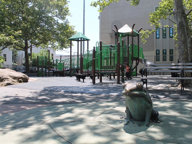 A frog-shaped sprinkler at Spirit Playground.