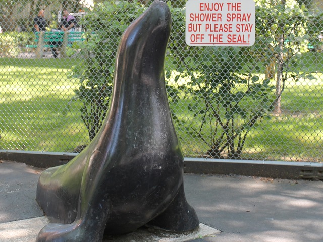 A seal-shaped sprinkler at North Queensview Playground.