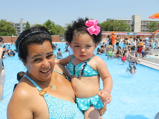 Security workers gathered around the McCarren Pool.