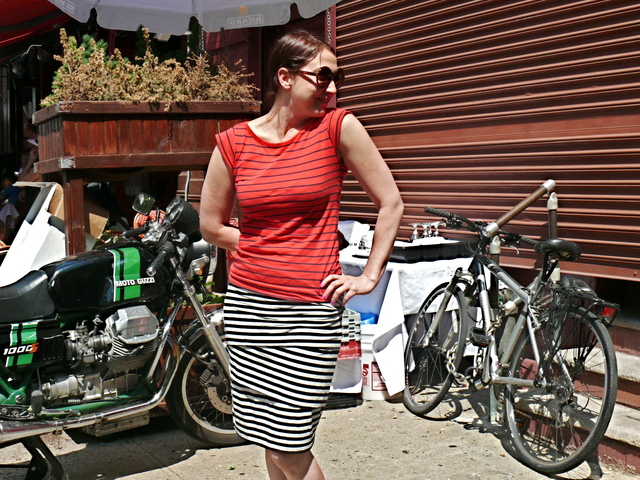 A well-paired stripe look on Laura G., red black and white was of the top trends of the afternoon  