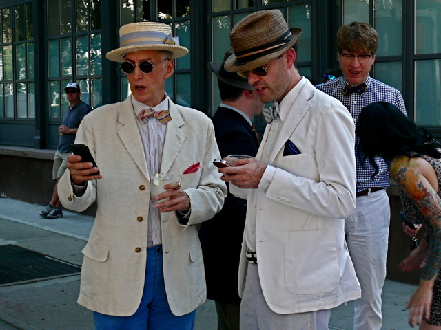 White linen jackets and straw hats offer ideal look with a vintage touch.
