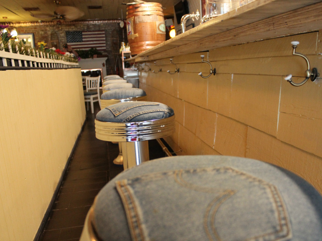 Denim covers the stools at the Grandma's House counter. 