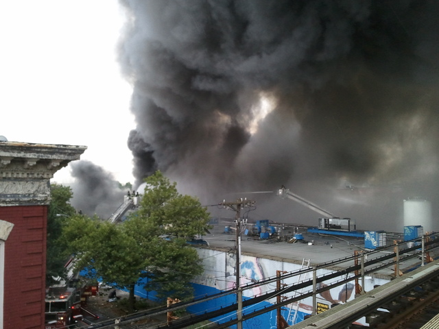 The five-alarm blaze at 3250 Fulton St. broke out just before 3:30 p.m. Monday. 