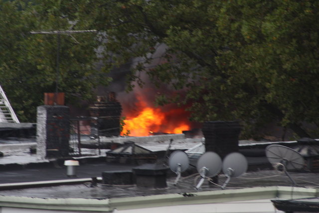 A five alarm blaze tore through a factory at between Fulton Street and Atlantic Avenue from Euclid to Chestnut streets. 