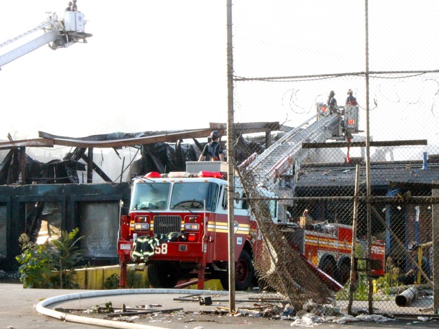 A fire truck at 3301 Atlantic Avenue in Brooklyn, where a blaze raged for 16 hours.
