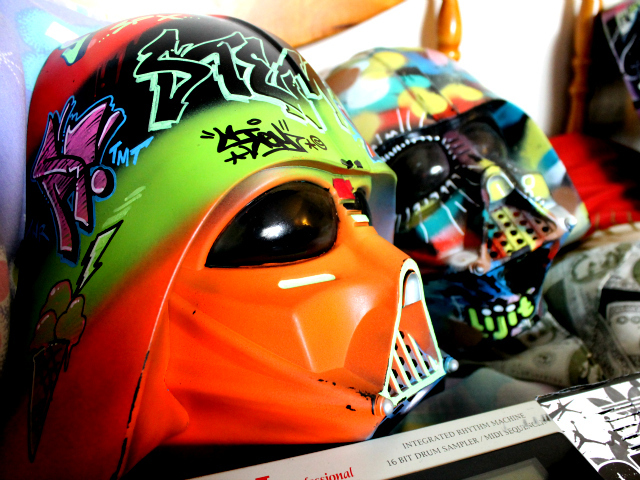A hand-crafted Ghetto Vader helmet.