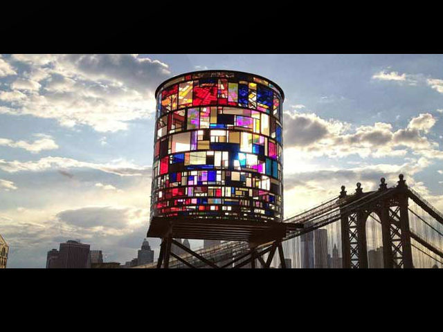 Stained glass water tower in DUMBO by artist Tom Fruin. 