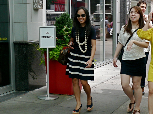 Mixing black and navy cotton and knits with a standout knitted texture accessories on 14th Street West Village