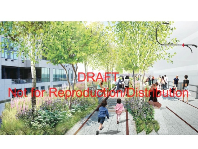 A segment of the grasslands that incorporates the train tracks of the High Line's original use.