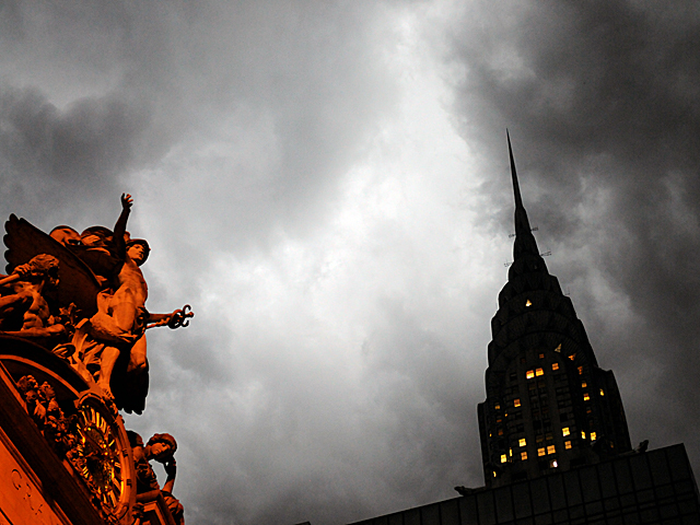 The Chrysler Building's spire stood out against the clouds as a thunderstorm approached July 26, 2012. 